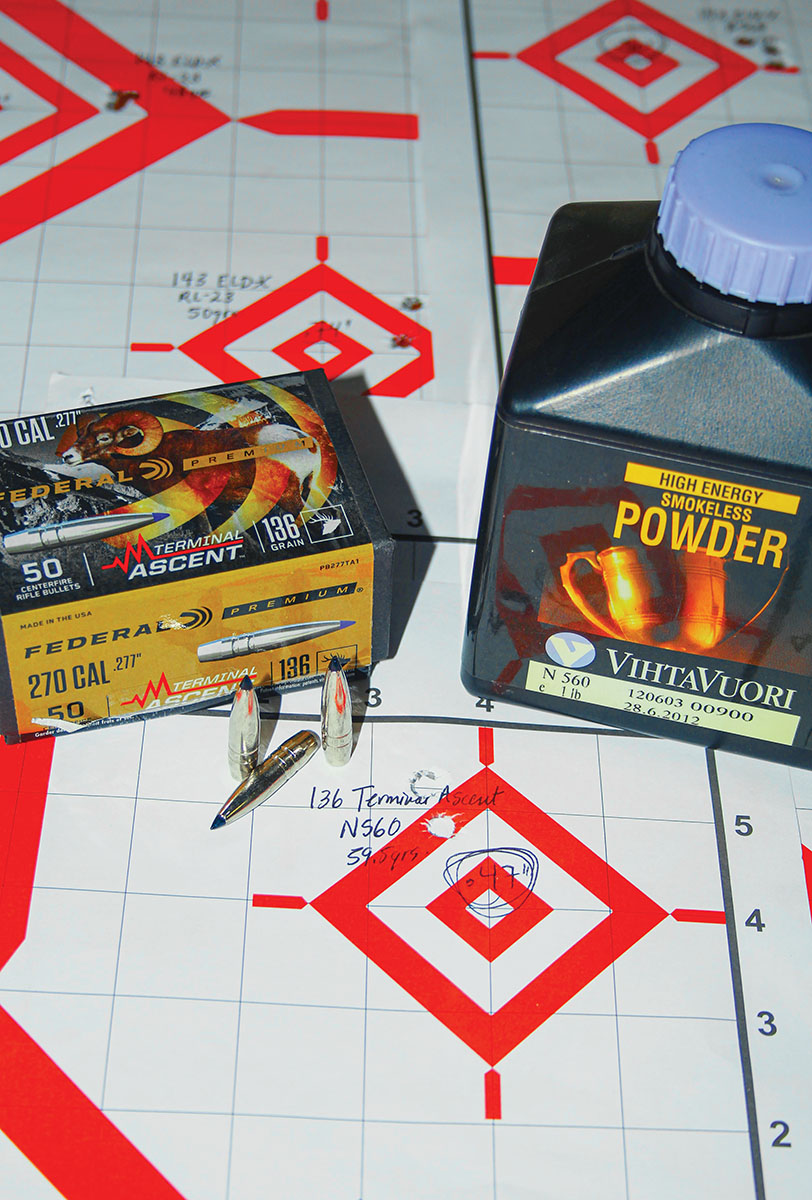 The best 270 Winchester handload consisted of 59.5 grains of Vihtavuori N560 beneath Federal Premium’s 136-grain Terminal Ascent. That group measured less than 1⁄2-MOA center to center, and left the muzzle at 3,141 feet per second (fps).